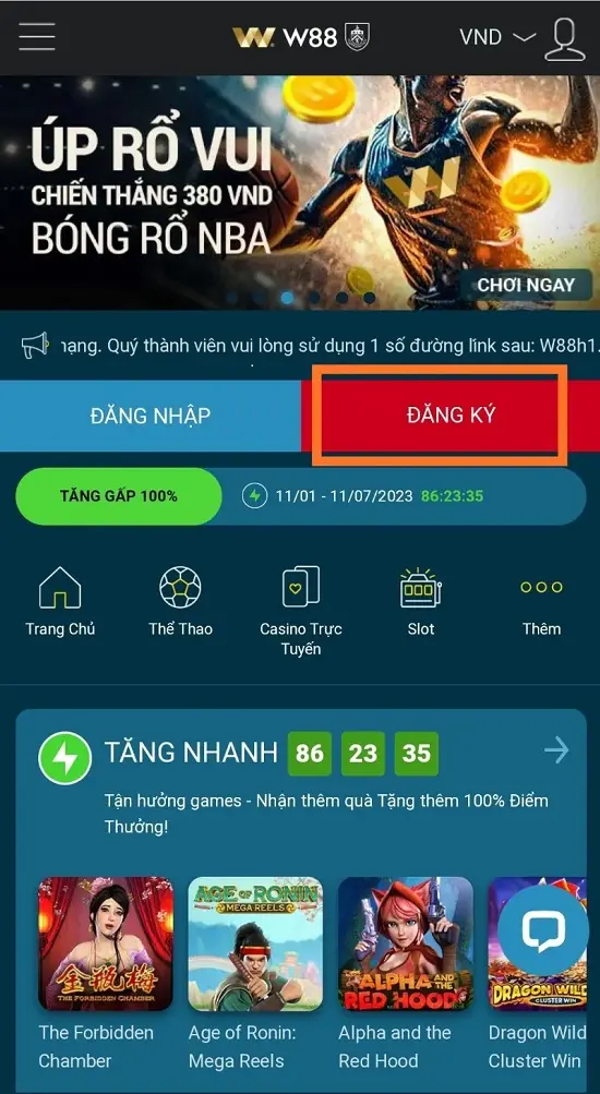Chọn đăng ký từ trang chủ W88